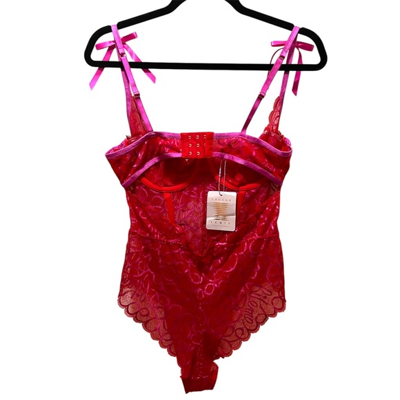 Savage X Fenty Ribbon Writing Lace Teddy Bodysuit Red and Pink Lace - Picture 6 of 13